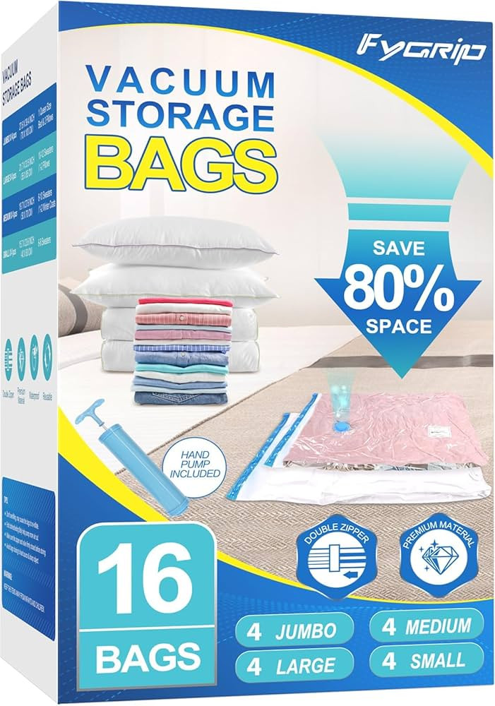 16 Pack Vacuum Storage Bags with Hand Pump, 4 Jumbo + 4 Large + 4 Medium + 4 Small Plastic Packag... | Amazon (US)