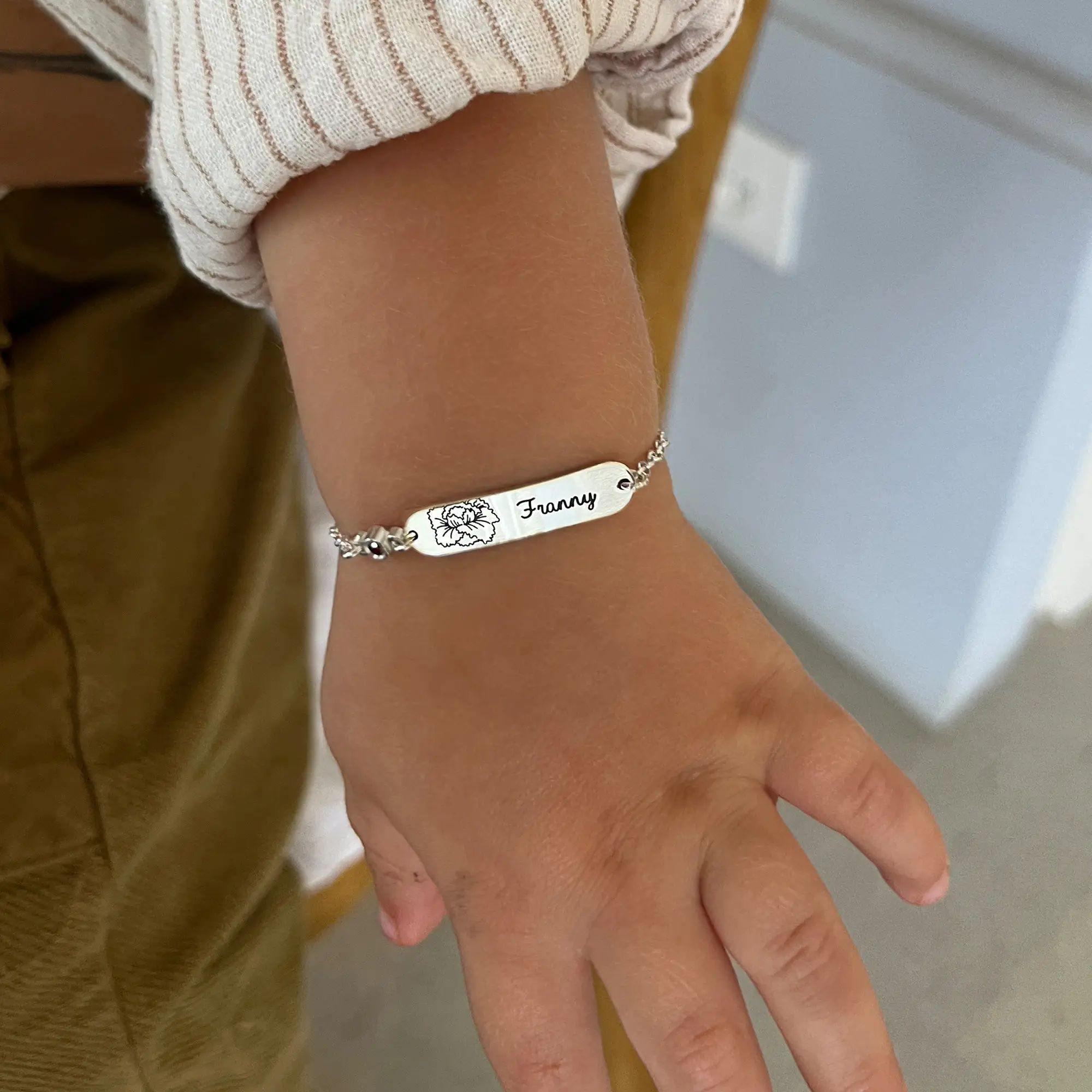 Lyla Baby Name Bracelet with Birth Flower and Stone in Sterling Silver | MYKA