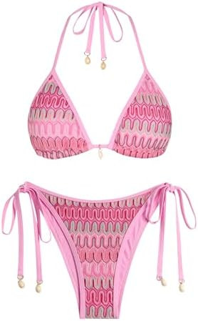 ZAFUL Women's Colorblock Stripes Triangle Halter Tied Cheeky Thong Bikini Set High Cut Two Piece ... | Amazon (US)