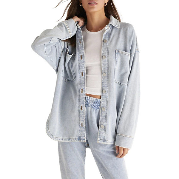 Women's Z Supply All Day Knit Denim Long Sleeve Shacket XSmall Washed Indigo | Scheels