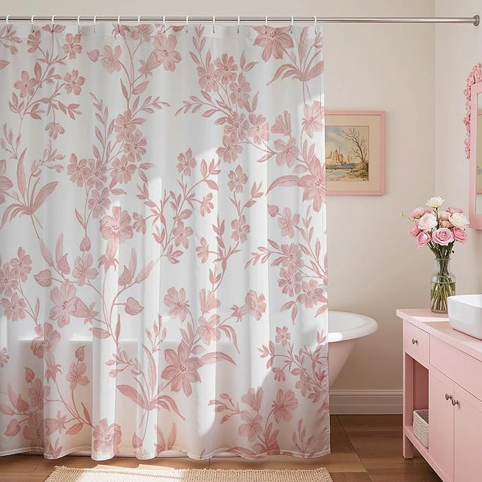 Mocsicka Floral Shower Curtain with 12 Hooks, Pink Flowers Shower Curtain for Spring Floral Bathr... | Amazon (US)