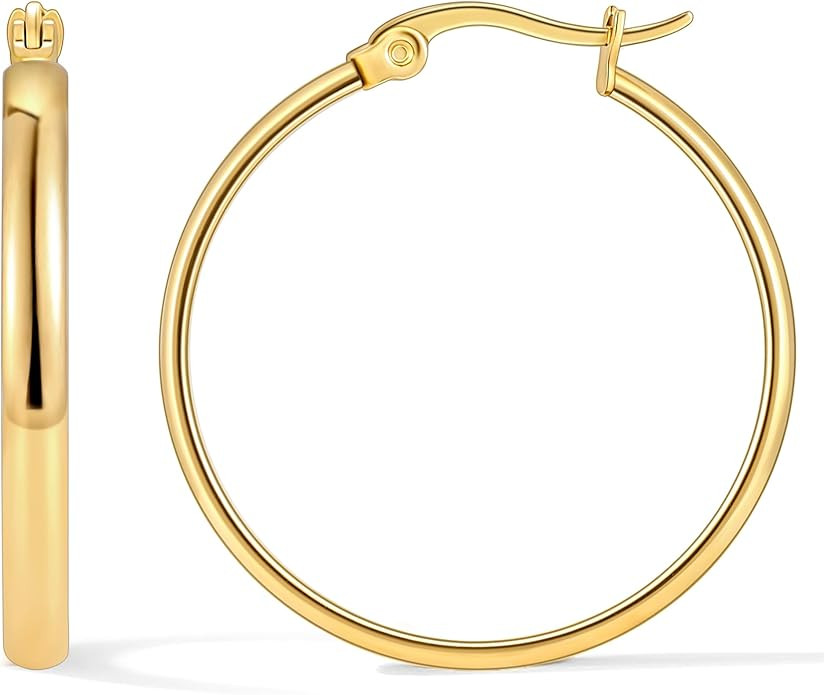 sovesi 3mm Wide Gold Hoop Earrings for Women, 14K Gold Plated Hoop Earrings, Hypoallergenic Gold ... | Amazon (US)