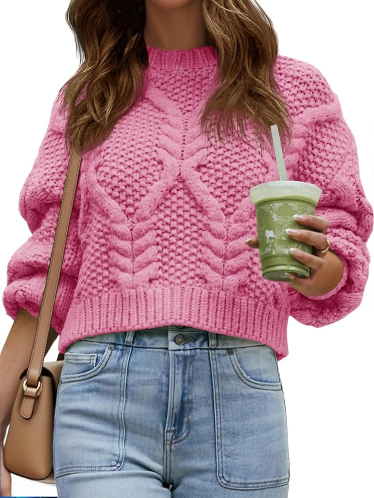 Saodimallsu Womens Cable Knit Cropped Sweater Fall Chunky Puff Long Sleeve Crewneck Loose Casual ... | Amazon (US)