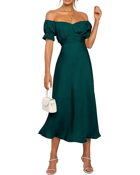 KIRUNDO Women's 2025 Summer Fall Satin Wedding Guest Midi Dress Off The Shoulder Wrap Party Cockt... | Amazon (US)