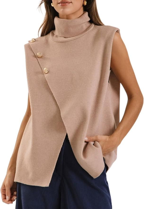 Hooever Women Turtle Neck Sleeveless Split Wrap Sweater Vest Kint Loose Pullover Tops with Metal ... | Amazon (US)