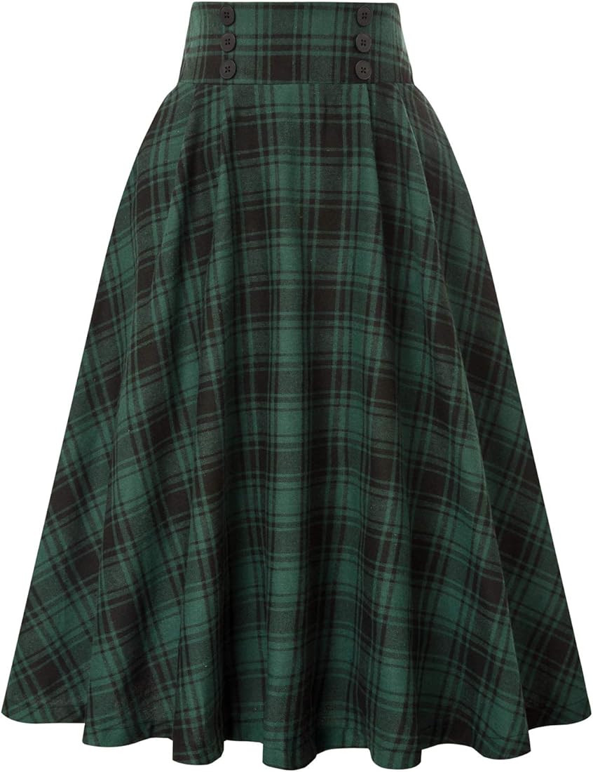 Belle Poque Women Plaid Skirt Vintage High Waist Pleated Skirt with Pockets BPA020 | Amazon (US)