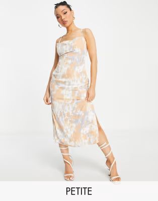 Missguided Petite midaxi slip dress with tie back in abstract print | ASOS (Global)