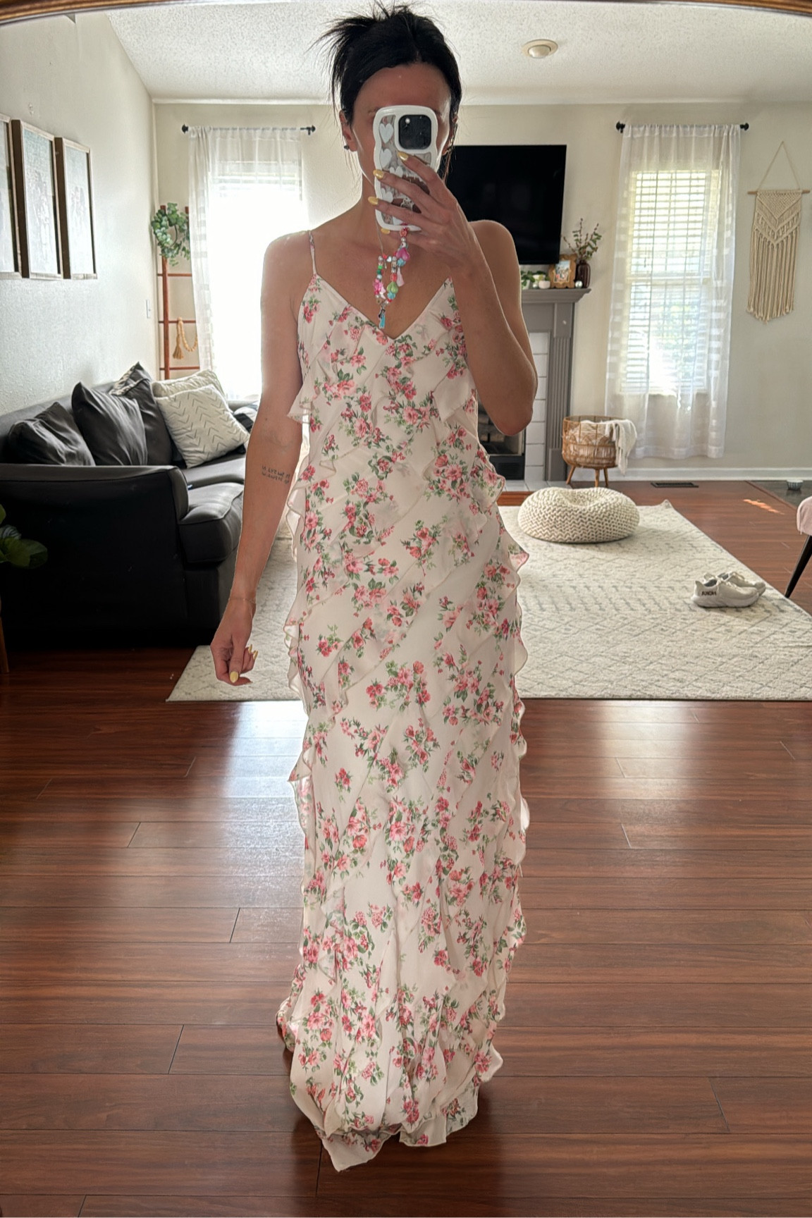 fitted lace wedding dress Blue and White Floral Layered Ruffle Maxi Dress S