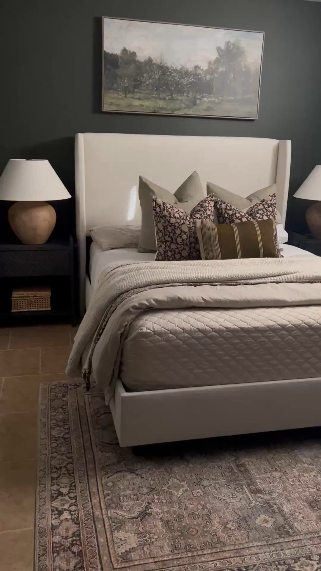Moody bedroom decor! Tilly bed in Classic Talc Linen! Bedding, bedroom rug, home decor #bedroom