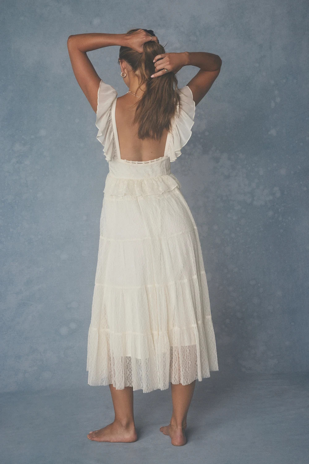 Meli Cream Mixed Media Tiered Midi Dress | Lulus