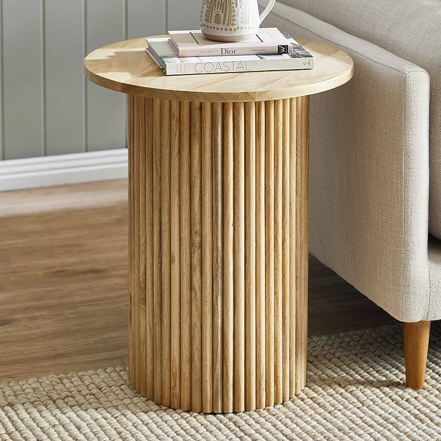 THKSHOUZ Solid Wood End Table Round 18'' D, Wooden Accent Drum End Table, Unique Oak Pedestal Sid... | Amazon (US)
