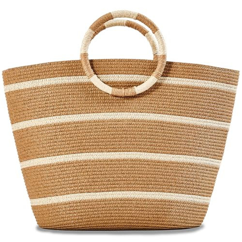 TOFUNTOY Beach Bags for Women Straw Tote Bag Summer Beach Bag Large Woven Straw Tote for Beachy Vacation Holiday (Kahaki) | Amazon (US)