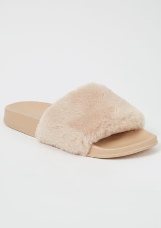 beige fluffy strap slide sandals | rue21