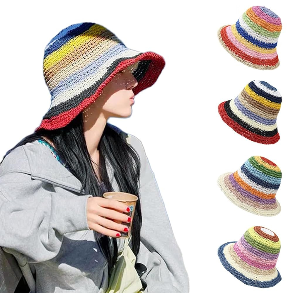 Women's Sun Hat,Straw Floppy Bucket Rainbow Color Hat Handmade Wide Brim Summer Beach Hat Fisherm... | Amazon (US)