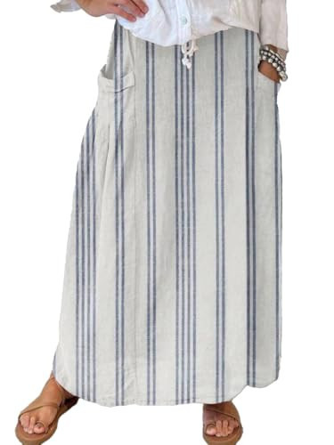 chouyatou Women's Vertical Striped High Waist Maxi Skirt Vintage Floral Cotton Long Skirt with Pockets (X-Large, Pin Striped) | Amazon (US)