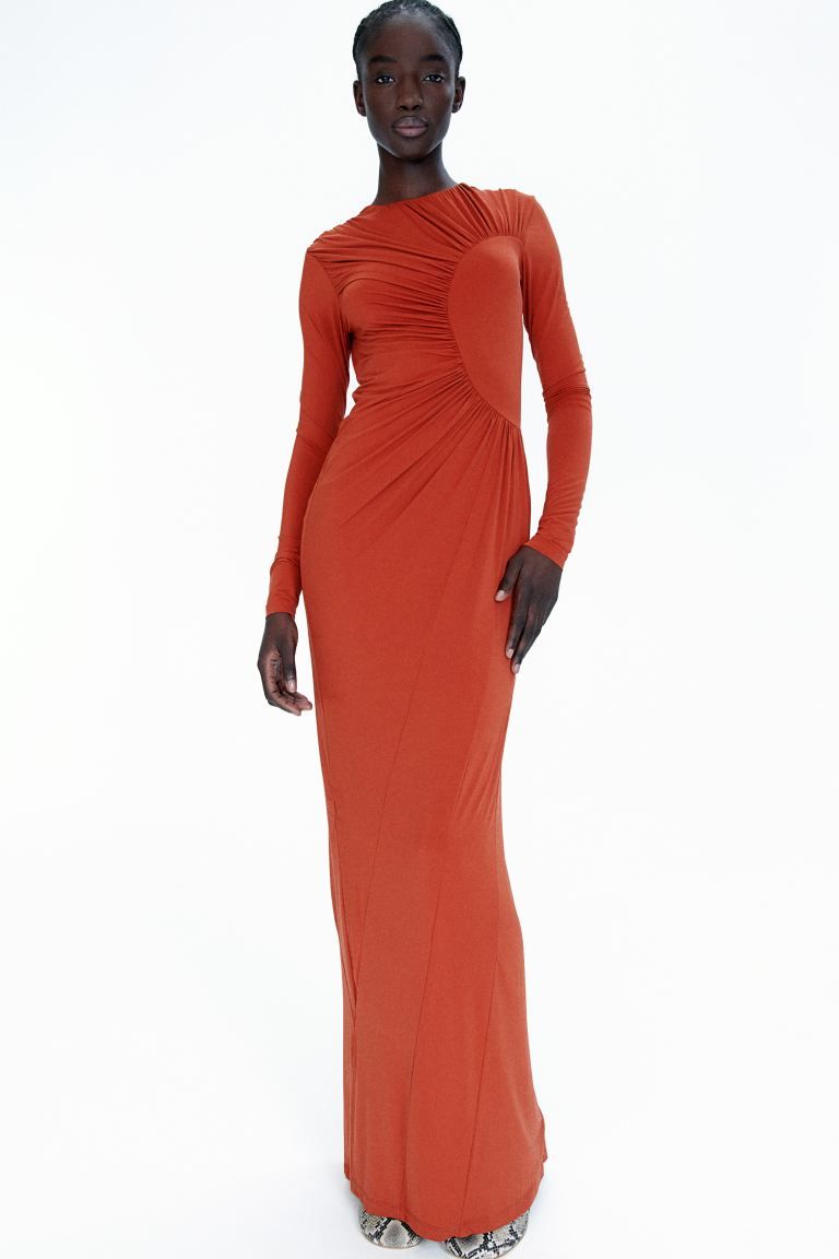 Gathered bodycon dress - Round neck - Long sleeve - Burnt orange - Ladies | H&M GB | H&M (UK, MY, IN, SG, PH, TW, HK)