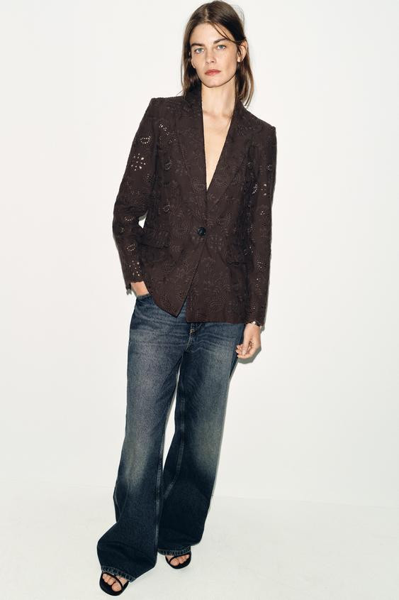 STRAIGHT BLAZER WITH EMBROIDERED PERFORATED SHOULDER PADS | Zara US