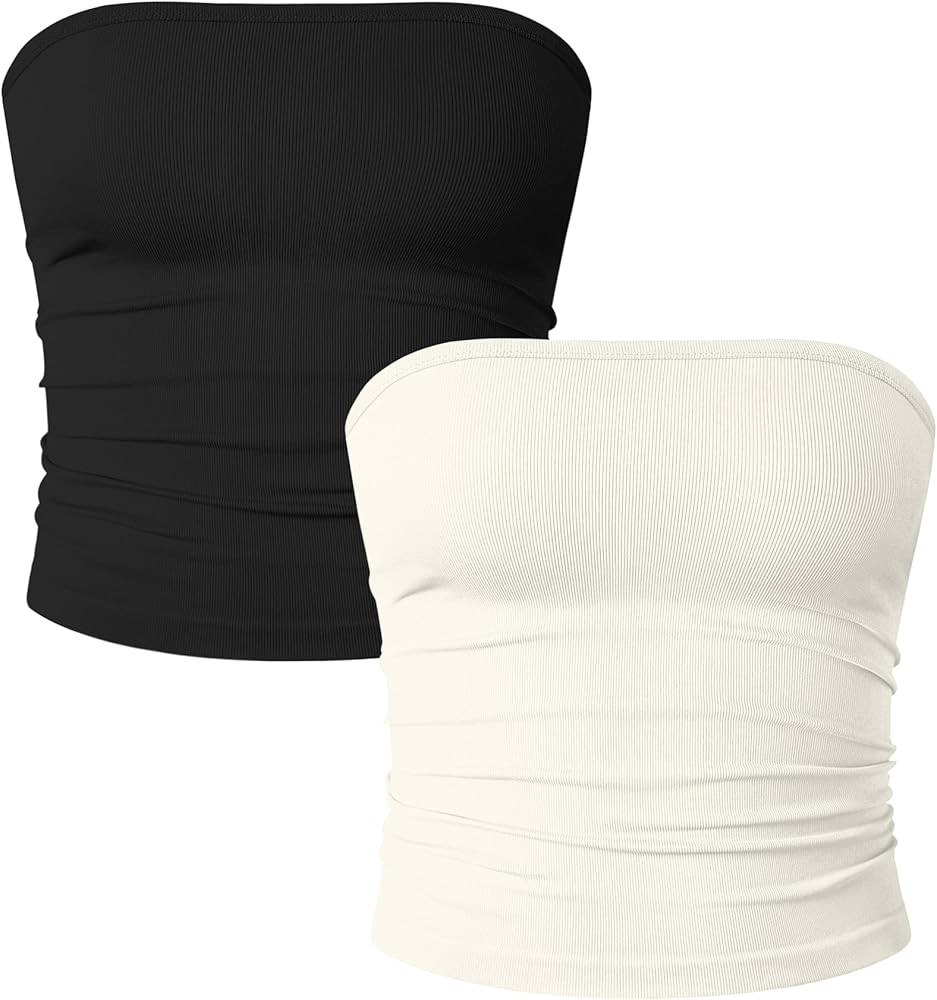 OQQ Womens 2 Piece Tube Tops Strapless Basic Sleeveless Stretch Classic-Fit Shirts Sexy Crop Tops | Amazon (US)