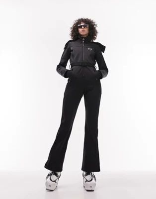 Topshop Tall Sno ski suit with fur hood & belt in black | ASOS (Global)