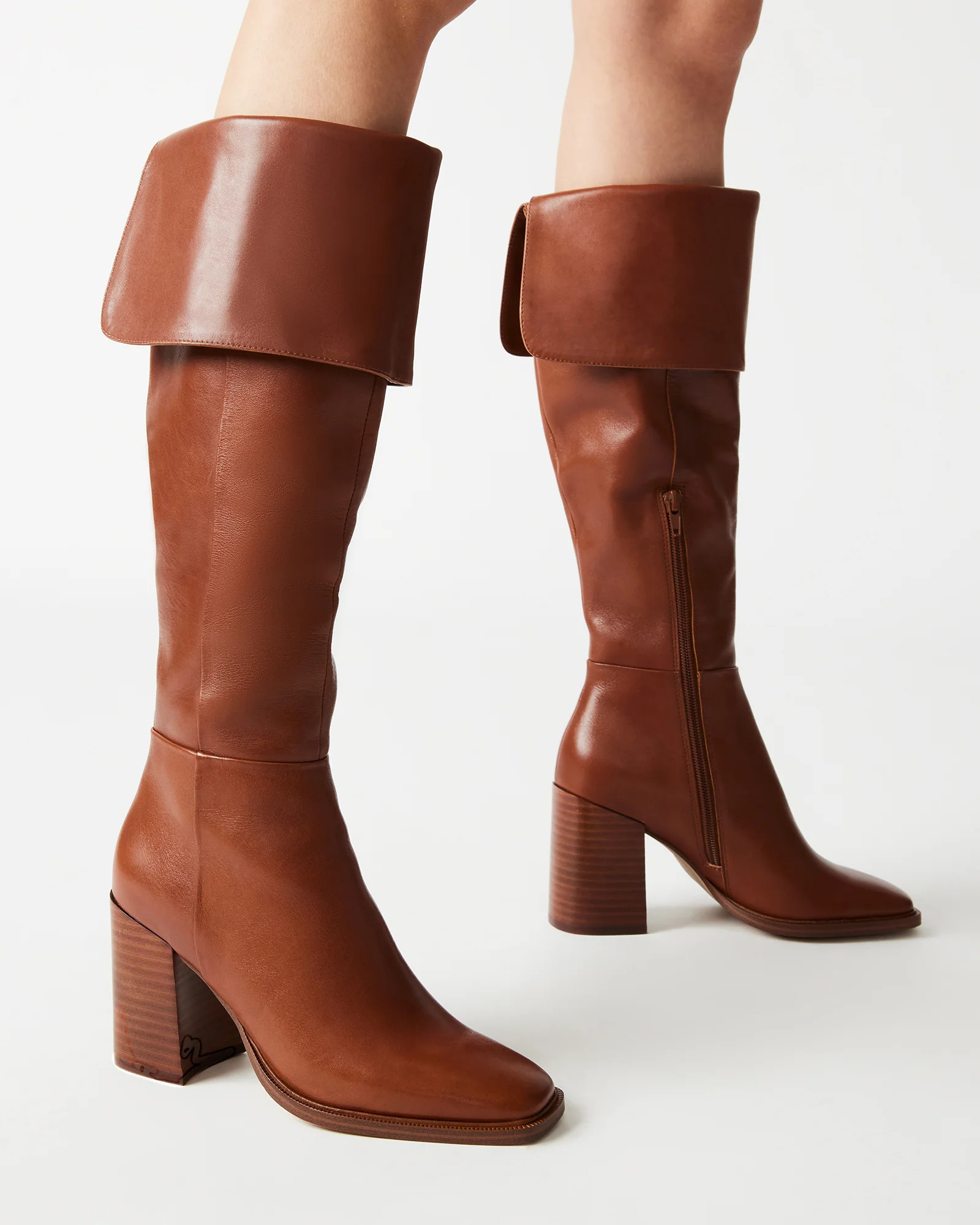 SIERRA Tan Leather Block Heel Knee Hight Boots | Women's Designer Boots | Steve Madden (Canada)