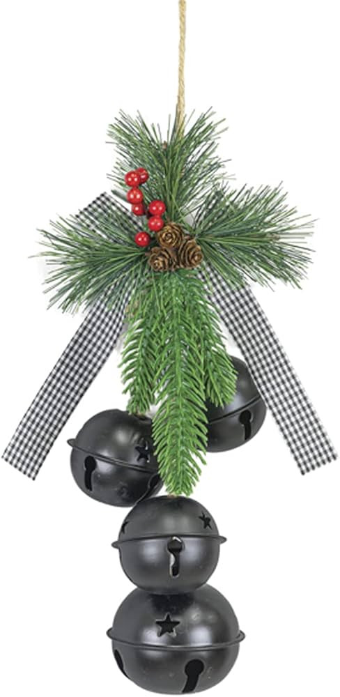 One Holiday Way 14-Inch Christmas Black Sleigh Bell Front Door Hanger Decoration with Plaid Ribbo... | Amazon (US)