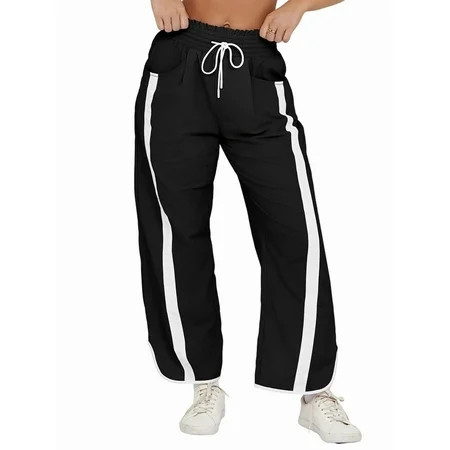 Women'S Baggy Wide Leg Pants Casual Drawstring Elastic Waisted Contrast Color Workout Y2K Track Pants Black M | Walmart (US)