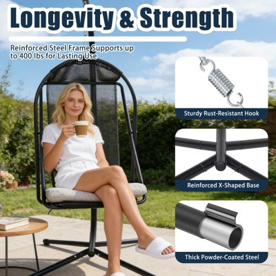 GDFStudio Aleksei Modern Metal Patio Hanging Egg Chair with Water and UV Resistant Cushion, Black/Gray | Target