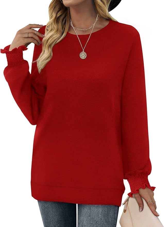 Geifa Womens Sweatshirts Crewneck Casual Sweaters Long Sleeve Tunic Tops with Smocked Cuffs | Amazon (US)
