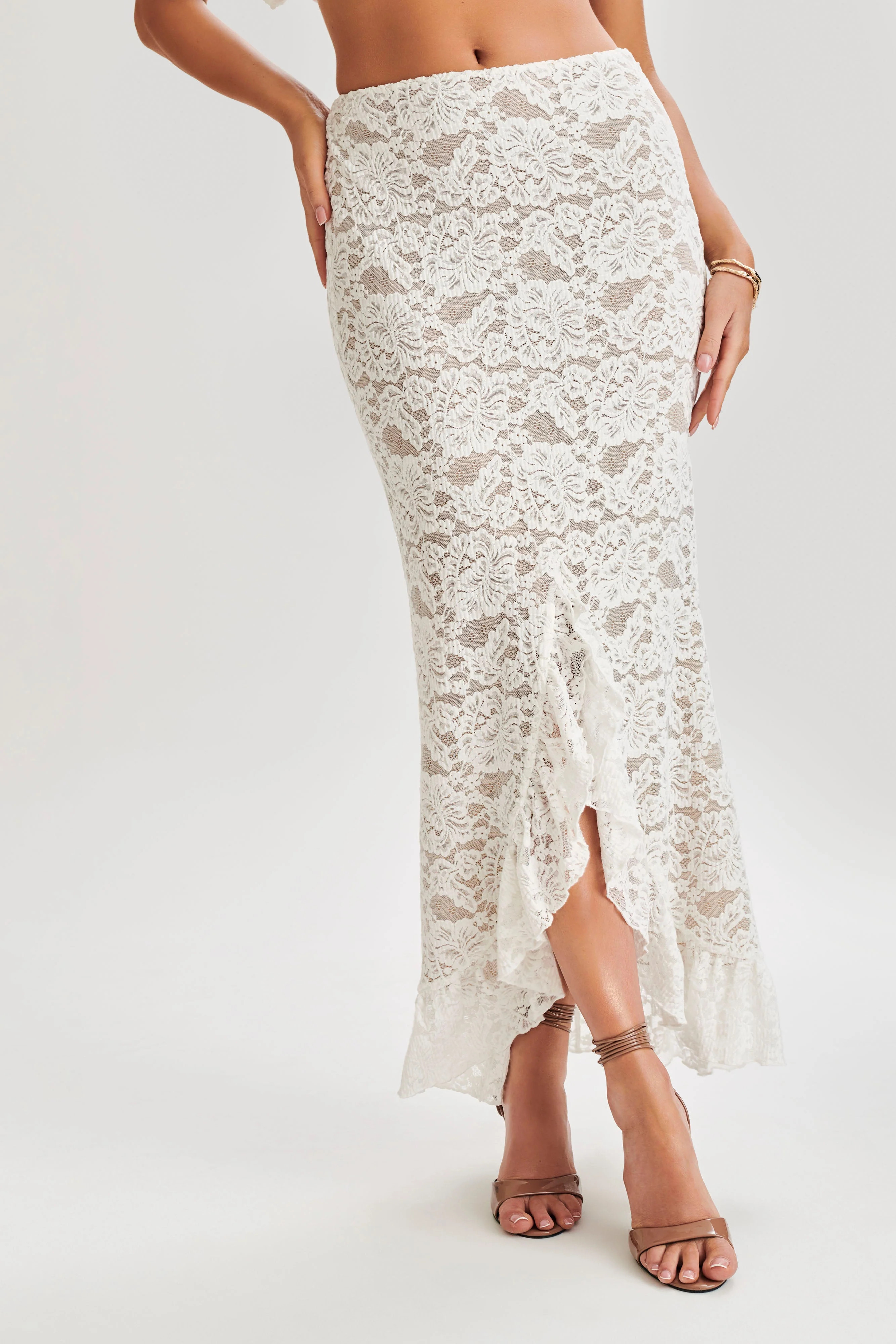 Lace Plisse Maxi Skirt - Ivory | MESHKI US