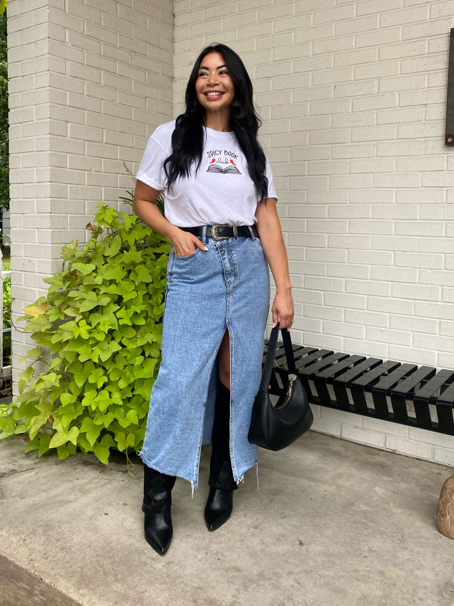 What I wore last night to our little book club trivia night. So fun for a girls night! Wearing a small in the denim skirt 

Spicy book club tee is from love on purpose 

Linking similar boots but belt is the exact 

#LTKOver40 #LTKFindsUnder50 #LTKParties