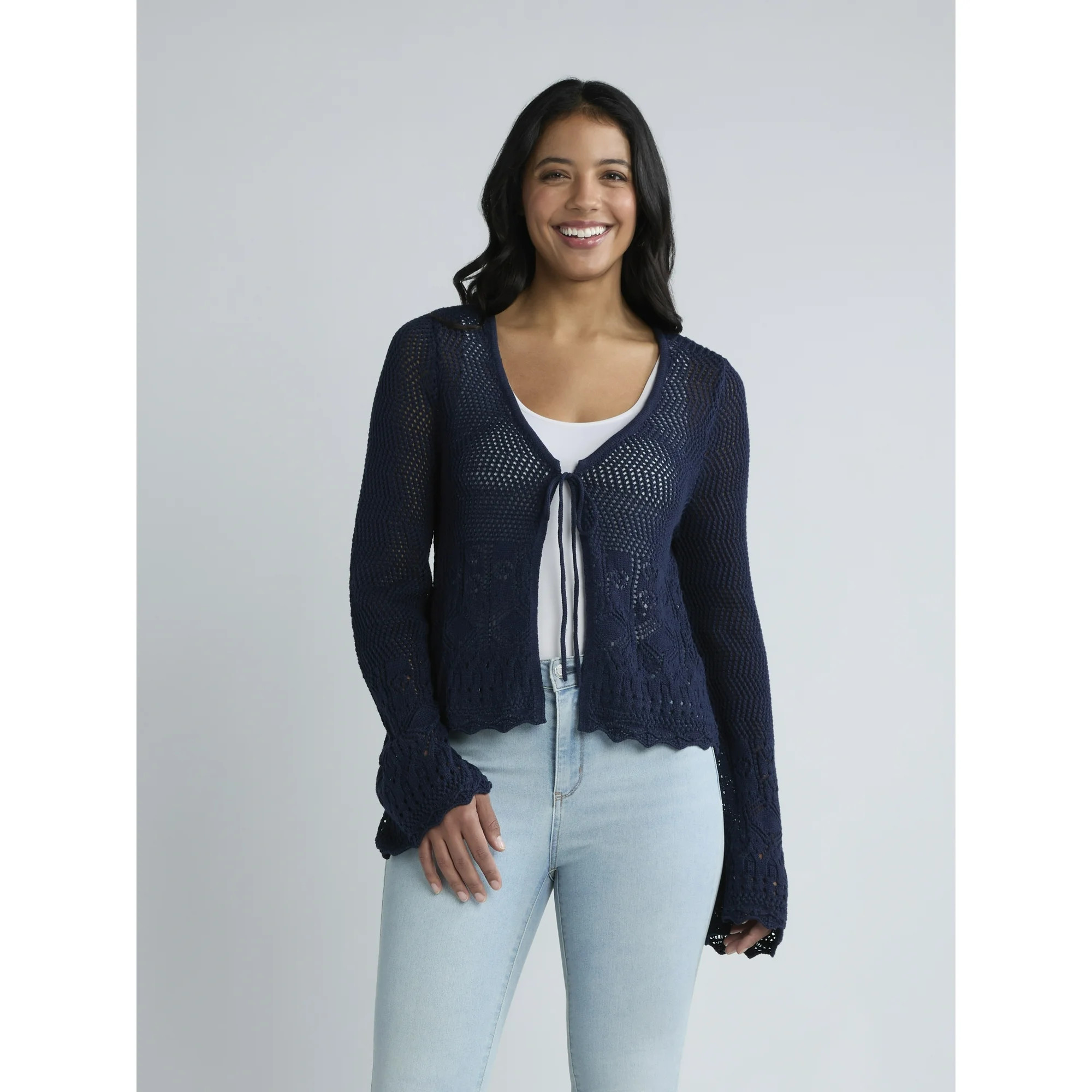 Time and Tru Women's Tie Front Pointelle Sweater with Long Sleeves, Lightweight, Sizes XS-XXXL | Walmart (US)