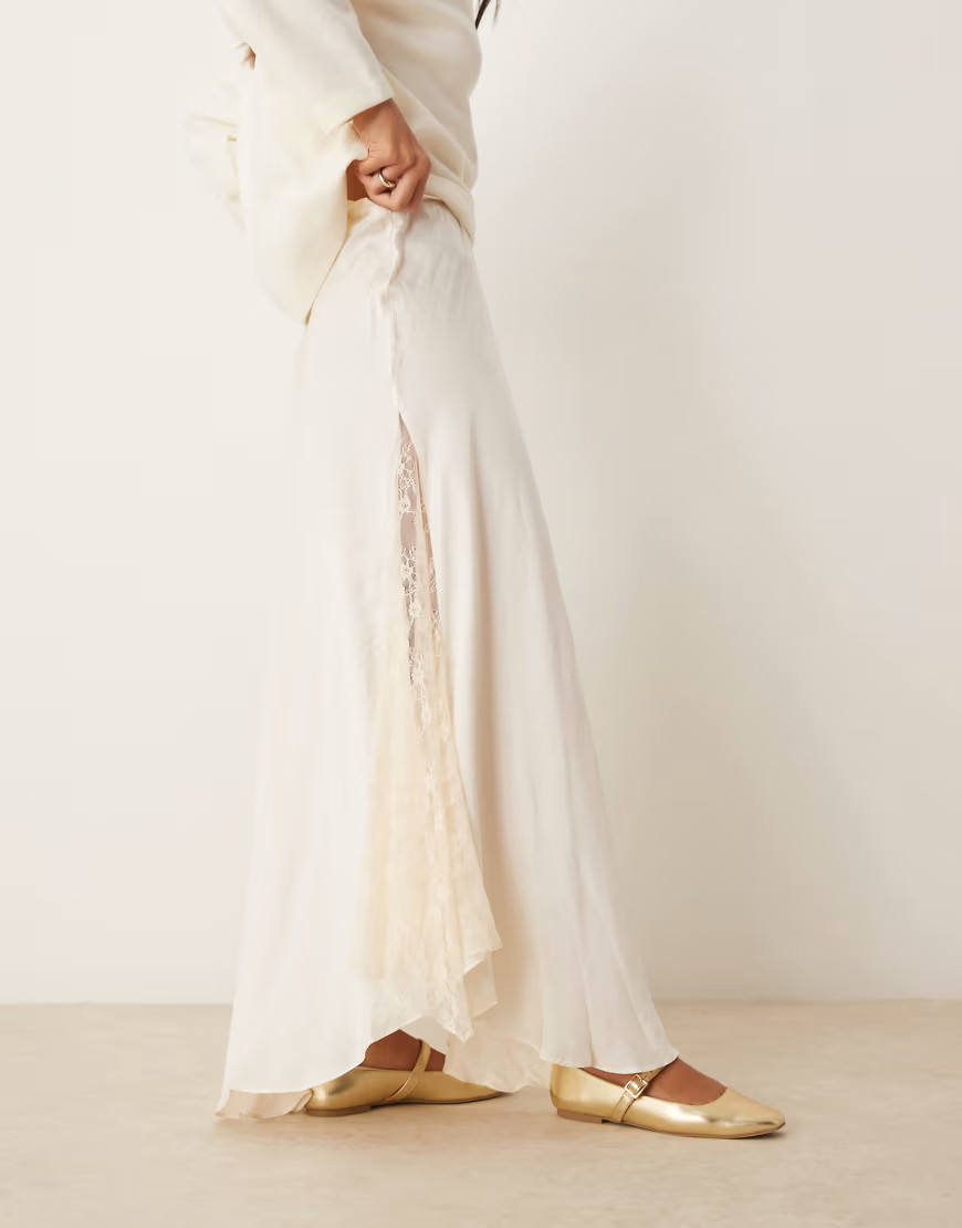 Free People lace insert satin maxi skirt in cream-White | ASOS (Global)