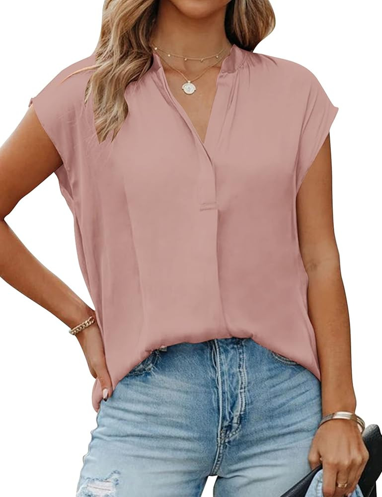 Vshemoi Casual Satin Blouses for Women Split V Neck Cap Sleeve Business Tops Office Work Shirts | Amazon (US)
