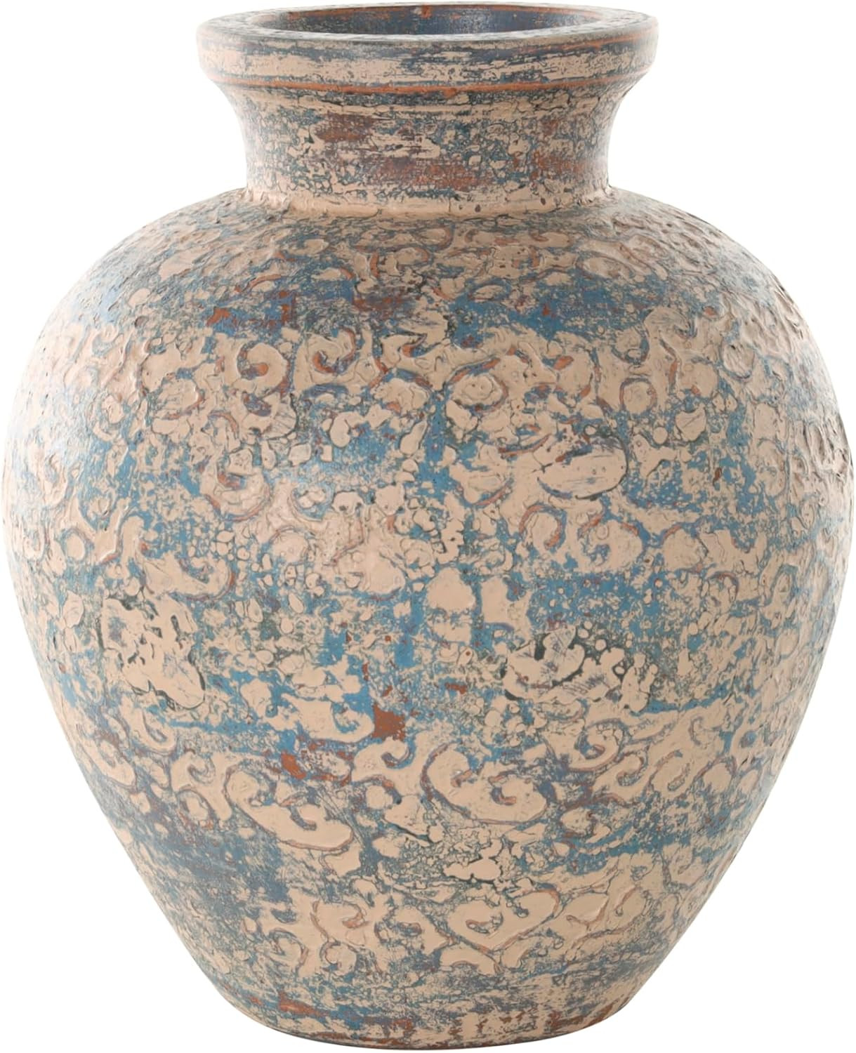 Deco 79 Ceramic Scroll Decorative Vase Antique Style Wide Rounded Centerpiece Vase with Blue and Copper Accents, Flower Vase for Home Decoration 11" x 11" x 13", Beige | Amazon (US)