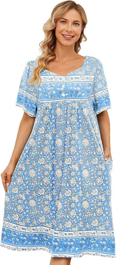 CRIPOM Womens Nightgown Short Sleeve House Mumu Dress with Pockets S-5XL | Floral Home Dresses, K... | Amazon (US)