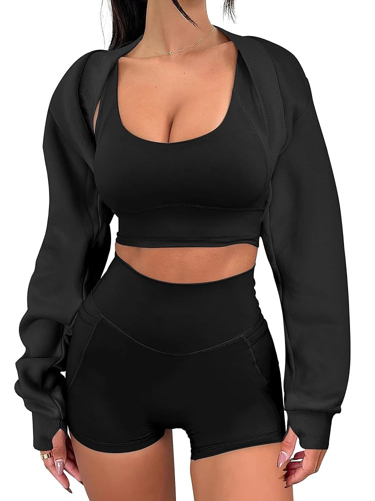 ANRABESS Womens Cropped Sweatshirt Long Sleeve Bolero Cardigan Open Front Shrug Workout Thumb Hol... | Amazon (US)