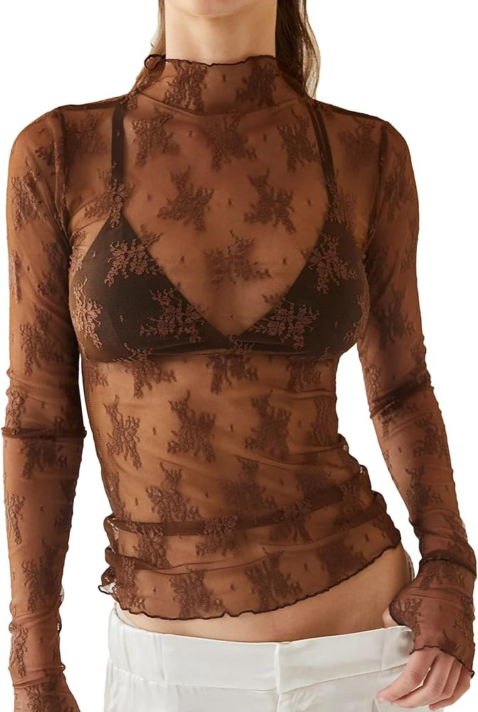 PICPUNMAK Women See Through Floral Embroidery Long Sleeve T Shirt Sexy Mesh Sheer Mock Neck Layer... | Amazon (US)