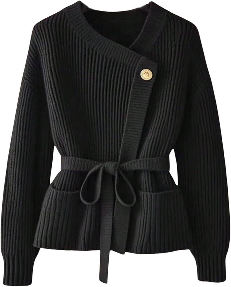 Verdusa Women's Old Money Ribbed Knit Cardigan Long Sleeve Asymmetrical Belted Sweaters | Amazon (US)
