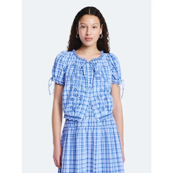 Free Assembly Women's and Women's Plus Embroidered Cropped Cotton Top with Short Sleeves, Sizes-X... | Walmart (US)