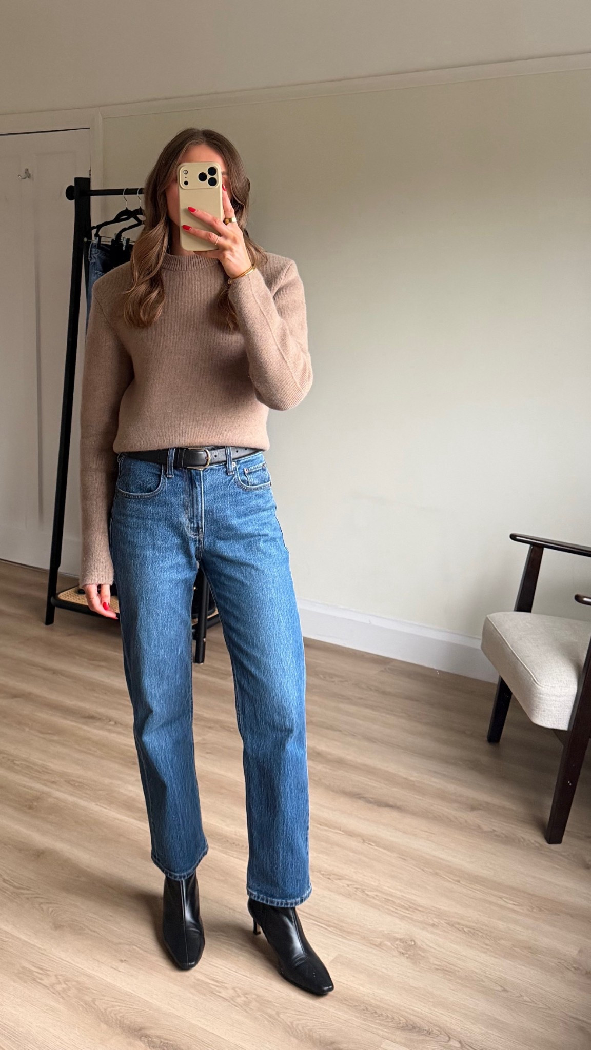 My favourite Abercrombie jeans! There is currently 15% to 30% of ALL the jeans and you can use:AFEMILY for an extra 15% off on top! 
High rise vintage straight jean in ‘dark’ W25 Regular length, I’m 5ft 6 (these come up big) Comfort stretch fit so do have a bit of give, I would size down, they do give a little as well

Medium in the COS jumper
Toteme black leather belt - exact & similar linked 
Mint velvet boots, older so have linked similar 