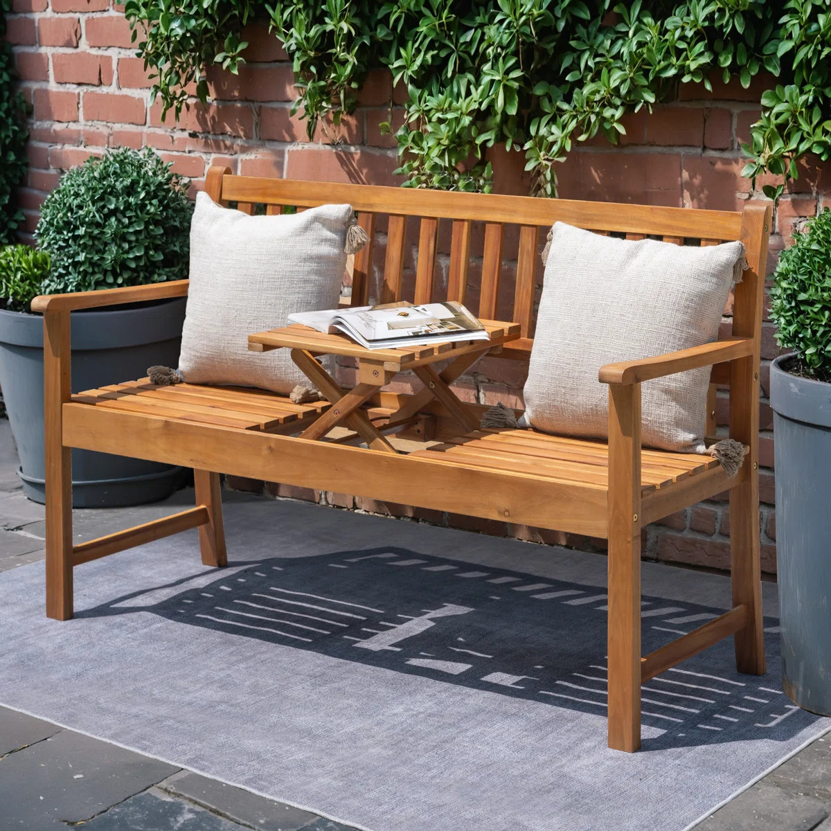 Serg Acacia Wood Outdoor Bench with Foldable Table | Wayfair North America
