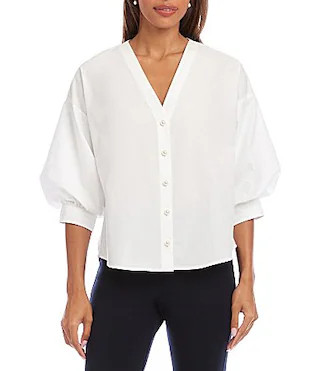 Karen Kane Petite Size Cotton Poplin V-Neck 34 Lantern Sleeve Button-Front Shirt - PL | Dillard's