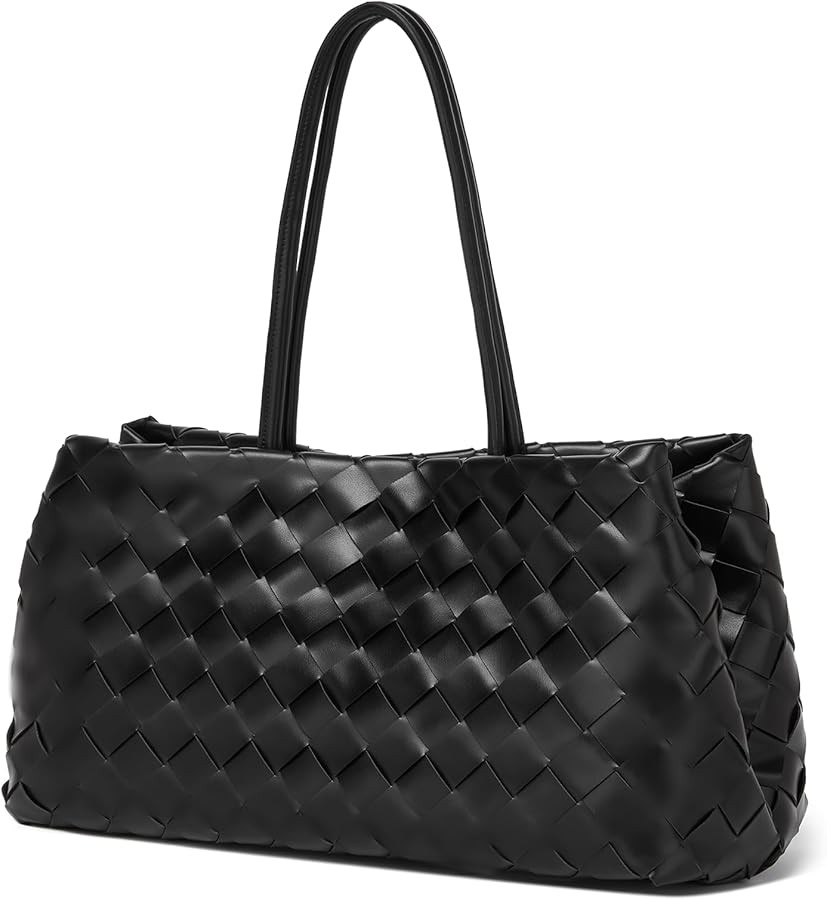 Woven Tote Bag for Women, Vegan Leather Shoulder Handbag with Magnetic Snap Closure, Soft Weave L... | Amazon (US)