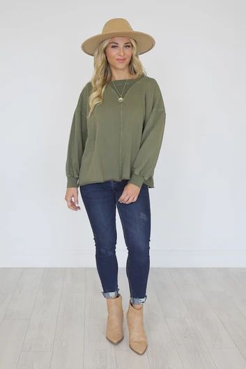 The Colors Of Fall Olive Acid Wash Pullover | Pink Lily