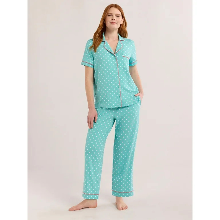 Joyspun Women's Notch Collar Short Sleeve Knit Top & Capri Pajama Set, 2-Piece, Sizes XS-3X | Walmart (US)