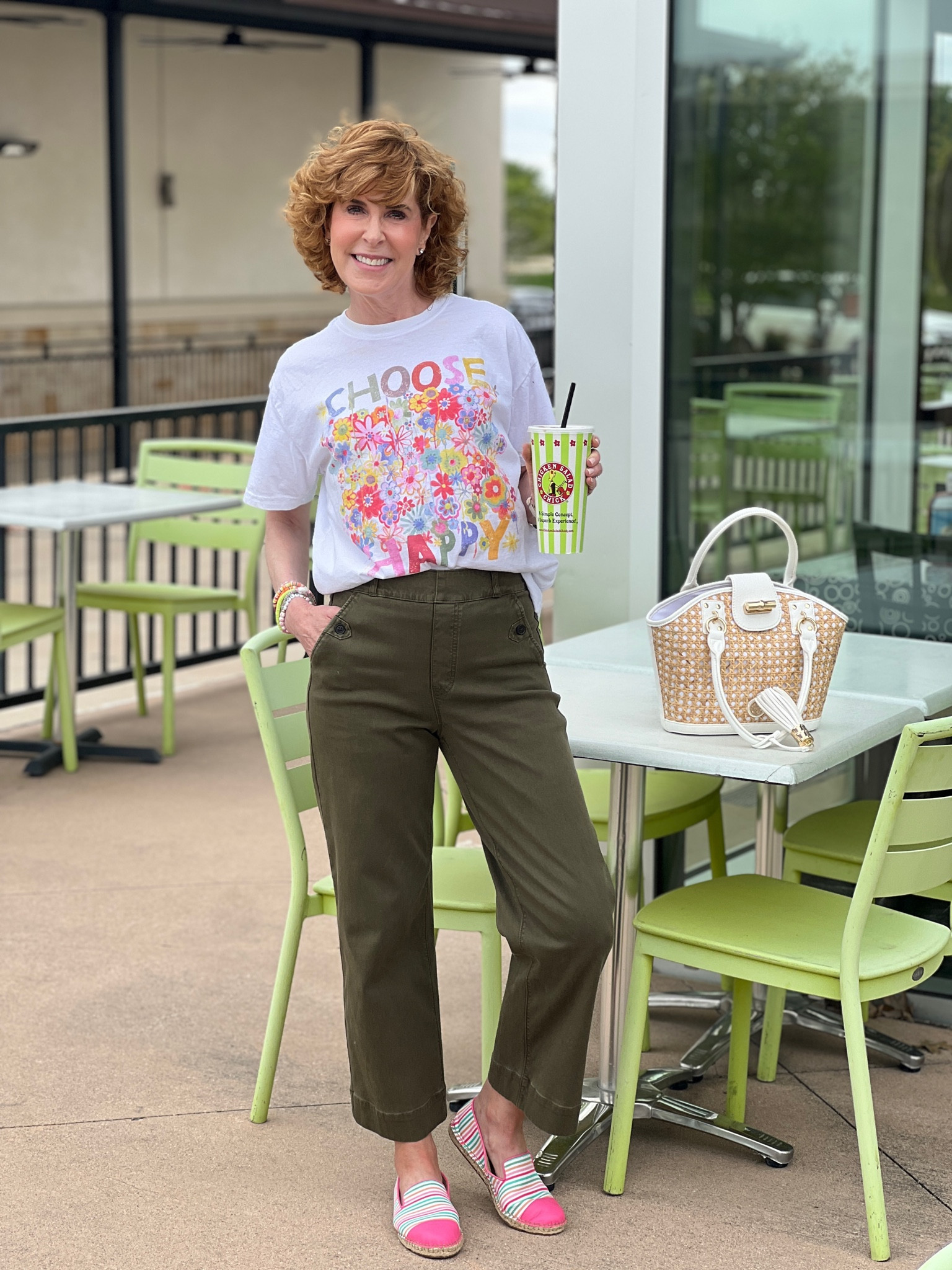 Choose happy tee with army green wide leg pants and fun striped espadrilles for today’s lunch date! My shoes are 40% off with code RSVP!

Finished off with the cutest summer bag - it will be on repeat all summer.

#LTKover40 #LTKshoecrush #LTKitbag