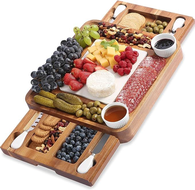 ABELL Cheese Board and Knife Sets, Acacia Charcuterie Boards Serving Tray with Double Side Marble... | Amazon (US)
