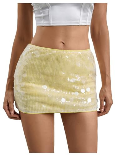MakeMeChic Women's Sparkly Sequin Mini Skirt Y2k Low Rise Glitter Rave Micro Skirt with Shorts Underneath Yellow Small | Amazon (US)