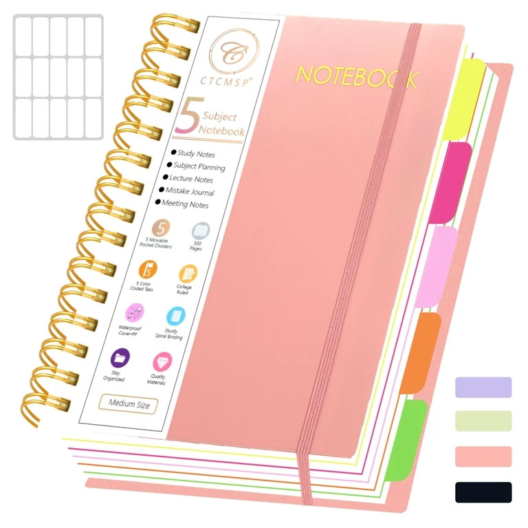 5 Subject Spiral Notebook with Removable Dividers Tabs Hardcover Notebook Journal for Women Men,P... | Walmart (US)