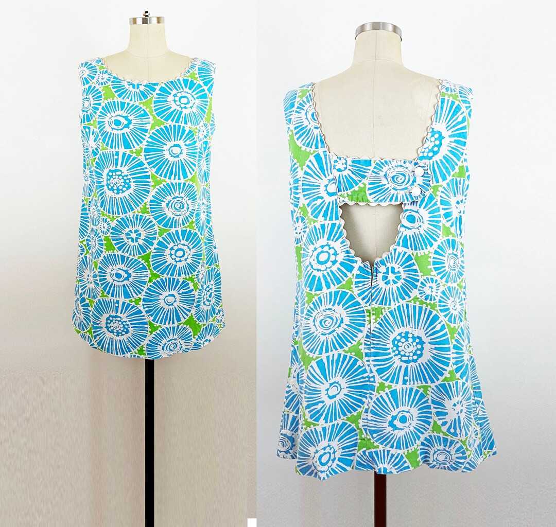 1960s Blue and White Abstract Floral Rick Rack Trim Cotton Dress 60s Shift Dress Mid Century Sund... | Etsy (US)